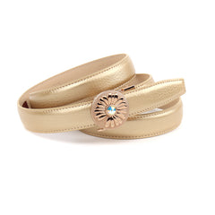 Anthoni Crown Damen Automatikgürtel in Gold – 2,5 cm schmal, mit Blumen-Schließe & Kristallstein – elegantes Accessoire für stilvolle Outfits 4FLTG