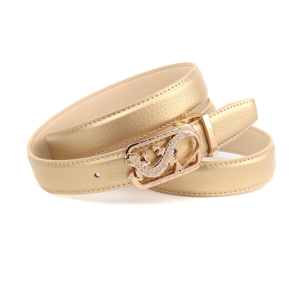 Anthoni Crown Damen Ledergürtel – goldfarbenes Leder, Eidechsen-Schließe mit Kristallen & grünen Augen, kürzbar mit Clipverschluss, elegantes Accessoire für stilvolle Outfits 4LZTG